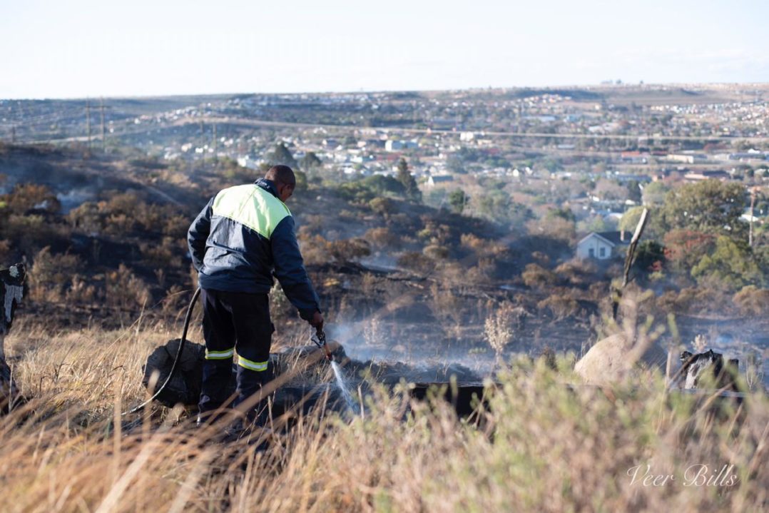 A Makana Fire Fighter extinguishes flames during a veld fire on the southern commonage on Sunday 27 September.