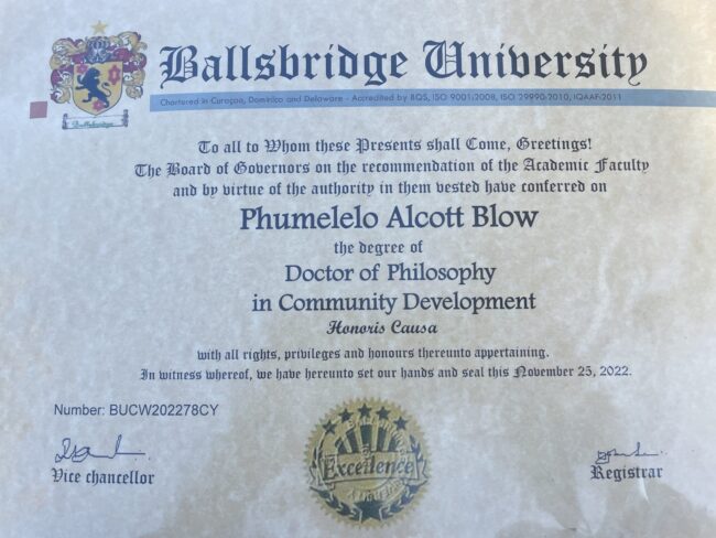 Mr. Blow's honorary Doctor of Philosophy in Community Development certificate from Ballsbridge University.
