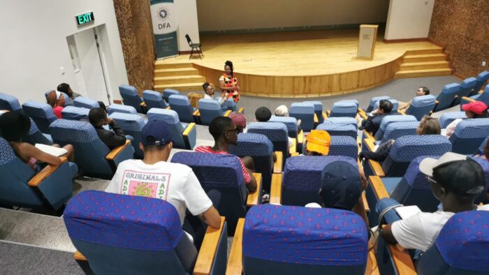 Rhodes University students and lecturers engaging in conversation with SivuBuhle Media's Buhle Ndamase and Sivu Giba with regard to making a 'good' documentary. Photo: Alette Schoon
