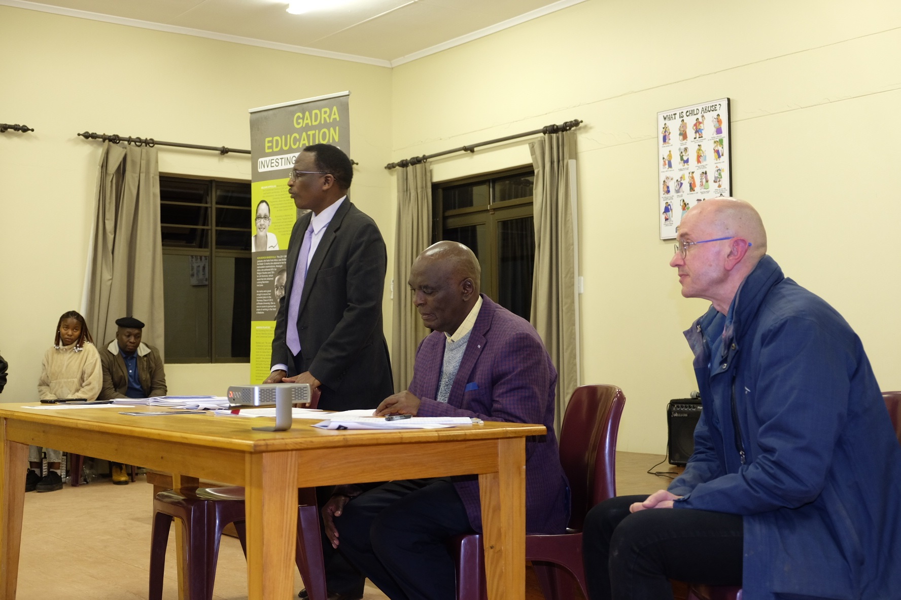Rhodes University Vice Chancellor Prof Sizwe Mabizela addresses the GADRA Education AGM in Joza on Tuesday, 23 May. To his right are GADRA Education Board chairperson Prof Ken Ngcoza and GADRA Education Manager Dr Ashley Westaway. Photo: Rod Amner