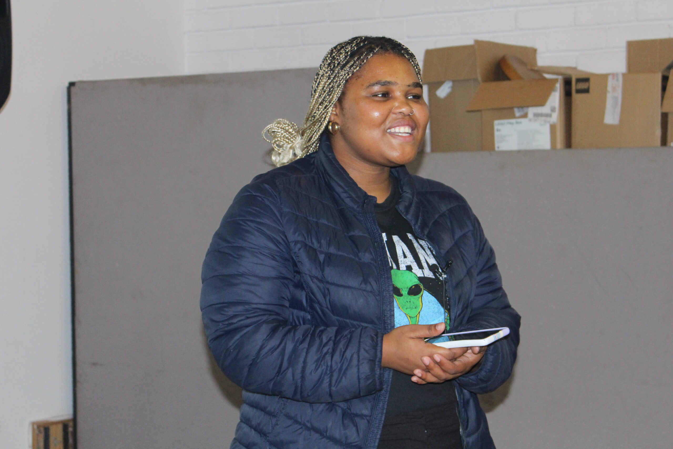 Eastern Cape Film hub Official, Siya Mawusi, welcoming her audience. Photo: Ovayo Milisa Novukela.