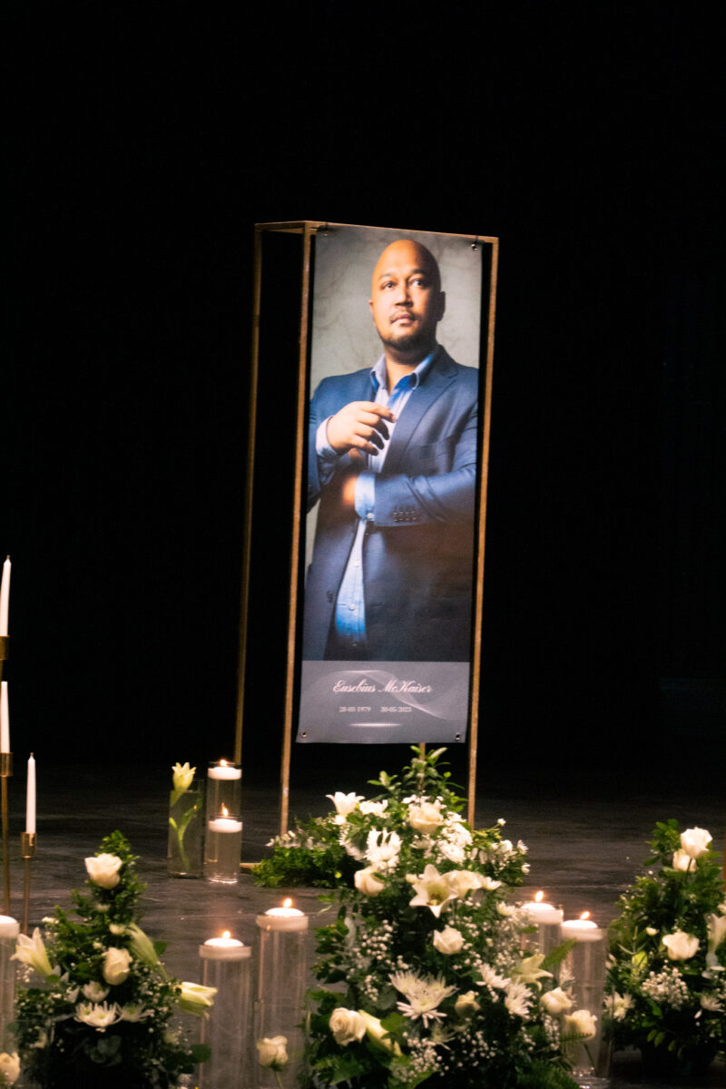 Portrait of Eusebius McKaiser, decor prepared by Avbob funeral services for this funeral on Saturday, 10 June 2023. Photo: Buhle Andisiwe Made