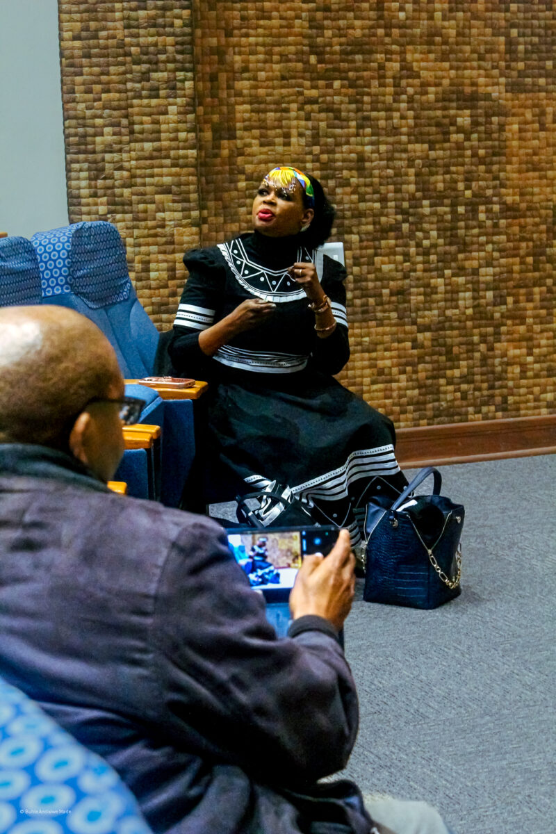 Third year Film & Television lecturer, Thandeka Gqubule-Mbeki addresses attendees in a discussion of the documentary presented. Photo: Amahle Shosha