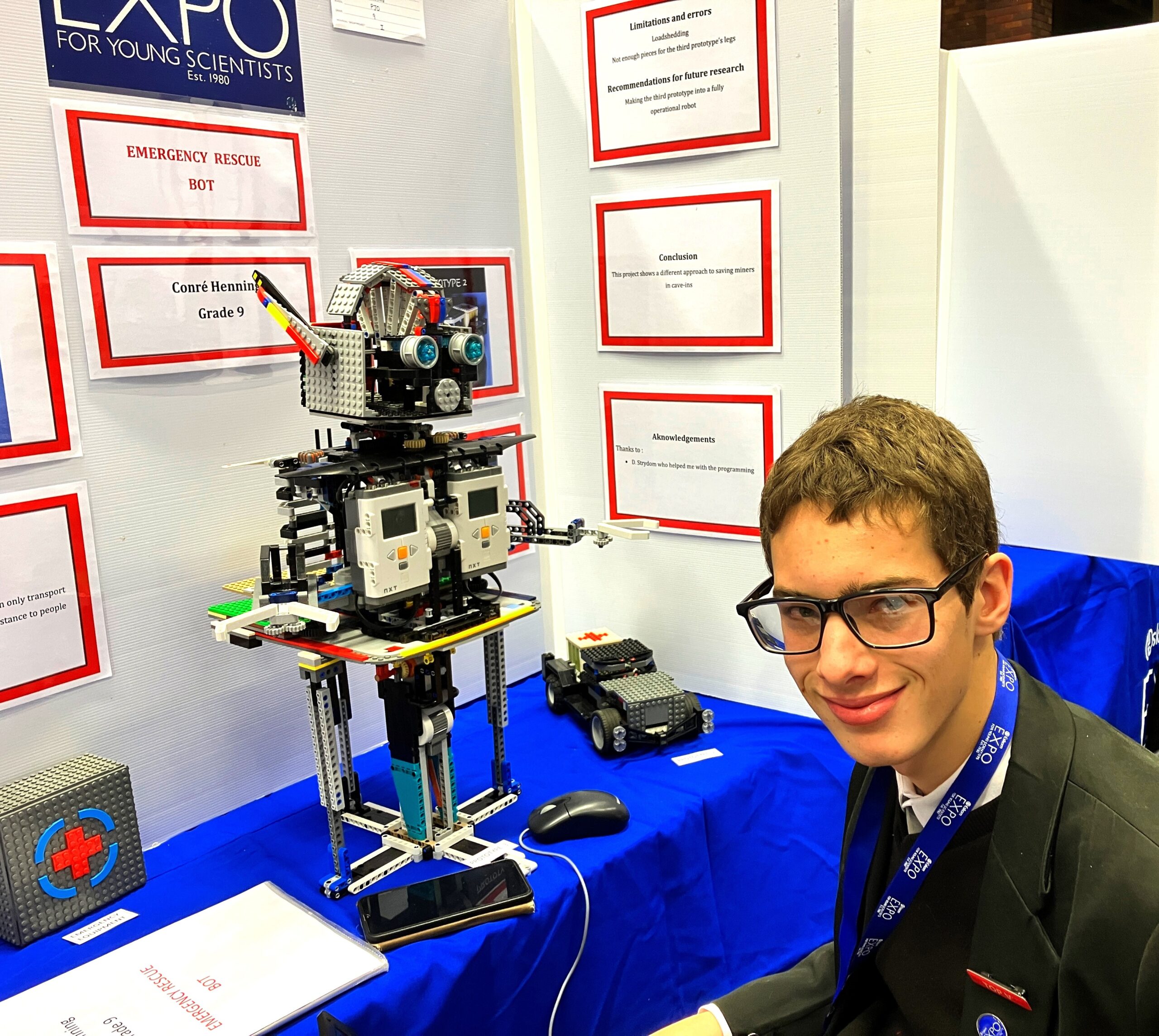 Conré Henning, a grade nine pupil from PJ Olivier School won a gold medal with his ‘Emergency Rescue Bot’ entry designed to carry out missions in a mining cave-in. Photo: Steven Lang