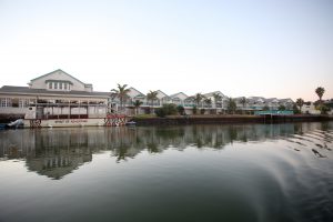 Halyards Hotel and Spa exterior with “Spirit of Adventure” (big barge) featured. Photo: supplied