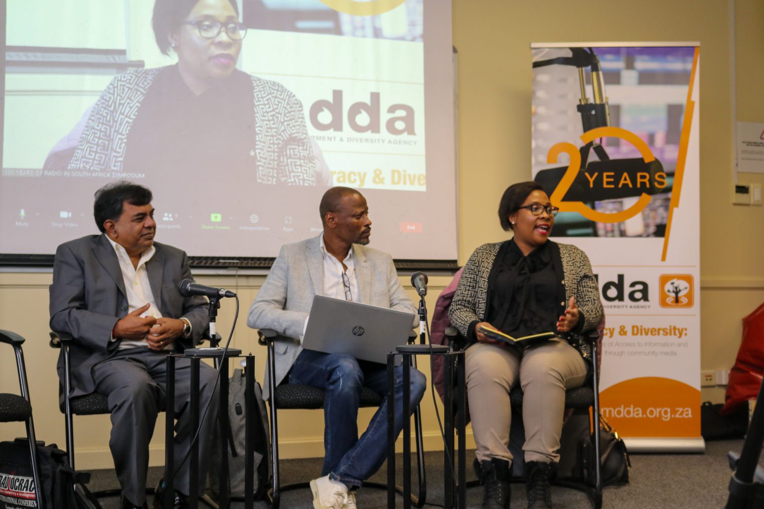 Keynote speaker, adv, Robin Sewlal and authosr of My Radio Memory with panelists: Prof. Gilbert Motsaathebe & Dr Sisanda Nkoala, editors of the Vol 1 & Vol 2 of 100 Years of Radio in South Africa. Photo: Sourced