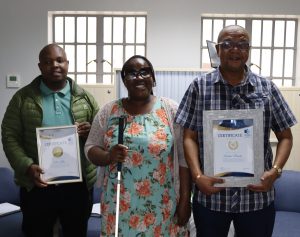 From Left to Right: Mr Xola Kila (Library Dispatch Assistant), Ms Nomsa Mukwevho (Braille QualityControl Officer), Mr Andrew Brooks (Digital Technical Assistant).
