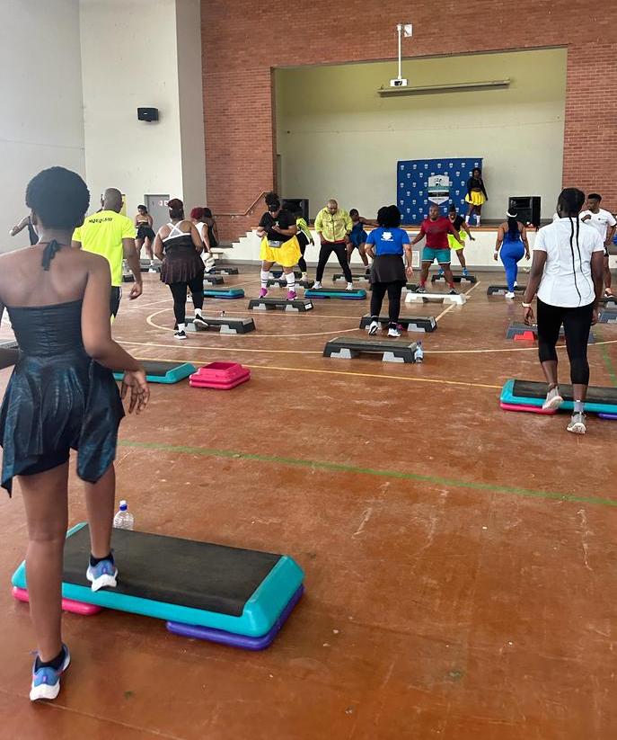Participants sweating it out in the aerobics marathon held at Joza indoor sport centre