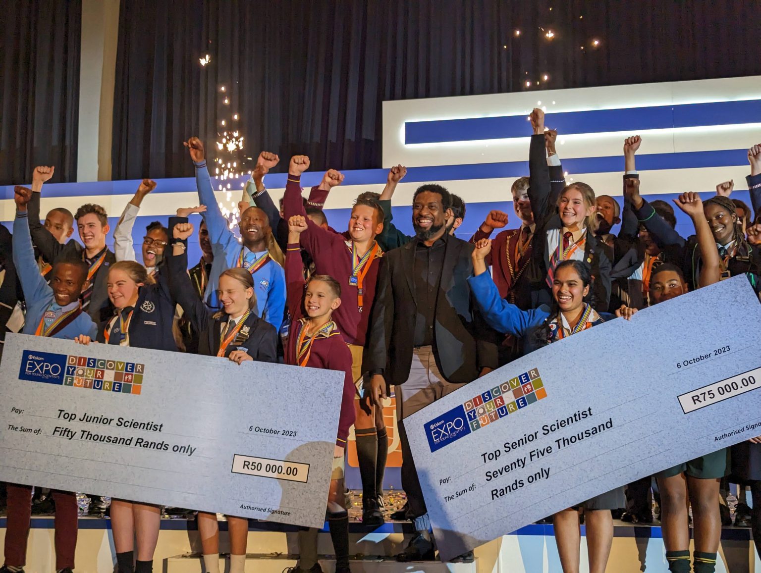 Ravanna Renad celebrating her gold win with other winners at the Eskom International Science Expo in JHB. Photo: Jackie Clausen