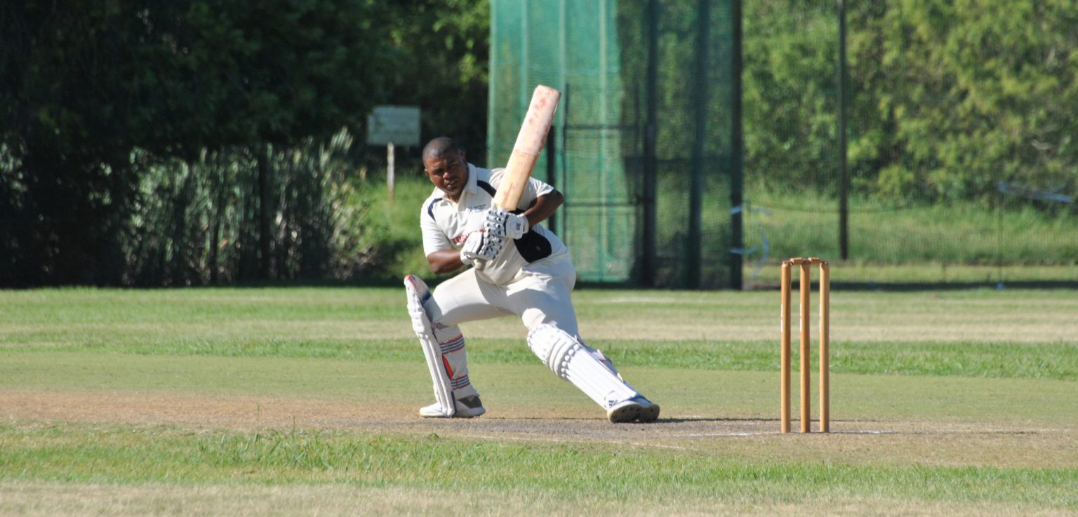 Ruwayne Brooks of Willows left a delivery outside off during his fantastic unbeaten knock of 67* against Makana Sona in their GCB 1st League Derby Encounter at Rhodes Prospect on Saturday. Photo: Daniels Media