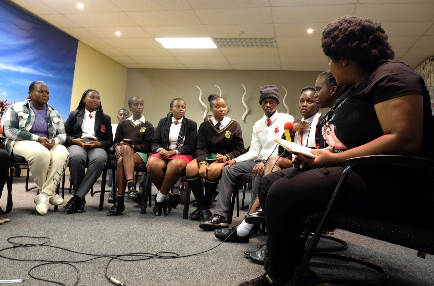 A Ntsika High School learner expresses herself during the podcast on 27 February in the Africa Media Matrix at Rhodes University. Photo: Rod Amner