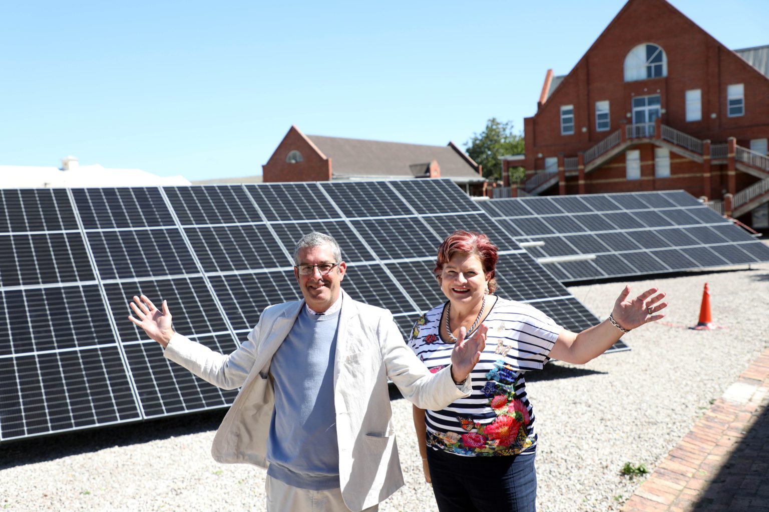 Kingswood turns to the sun Kingswood College Head Leon Grové and Bursar Soné Griesel watch with excitement as the Solar farm goes up at Kingswood College. The school is hoping to supply 70% of its electricity from the plant. Photo: Jackie Clausen