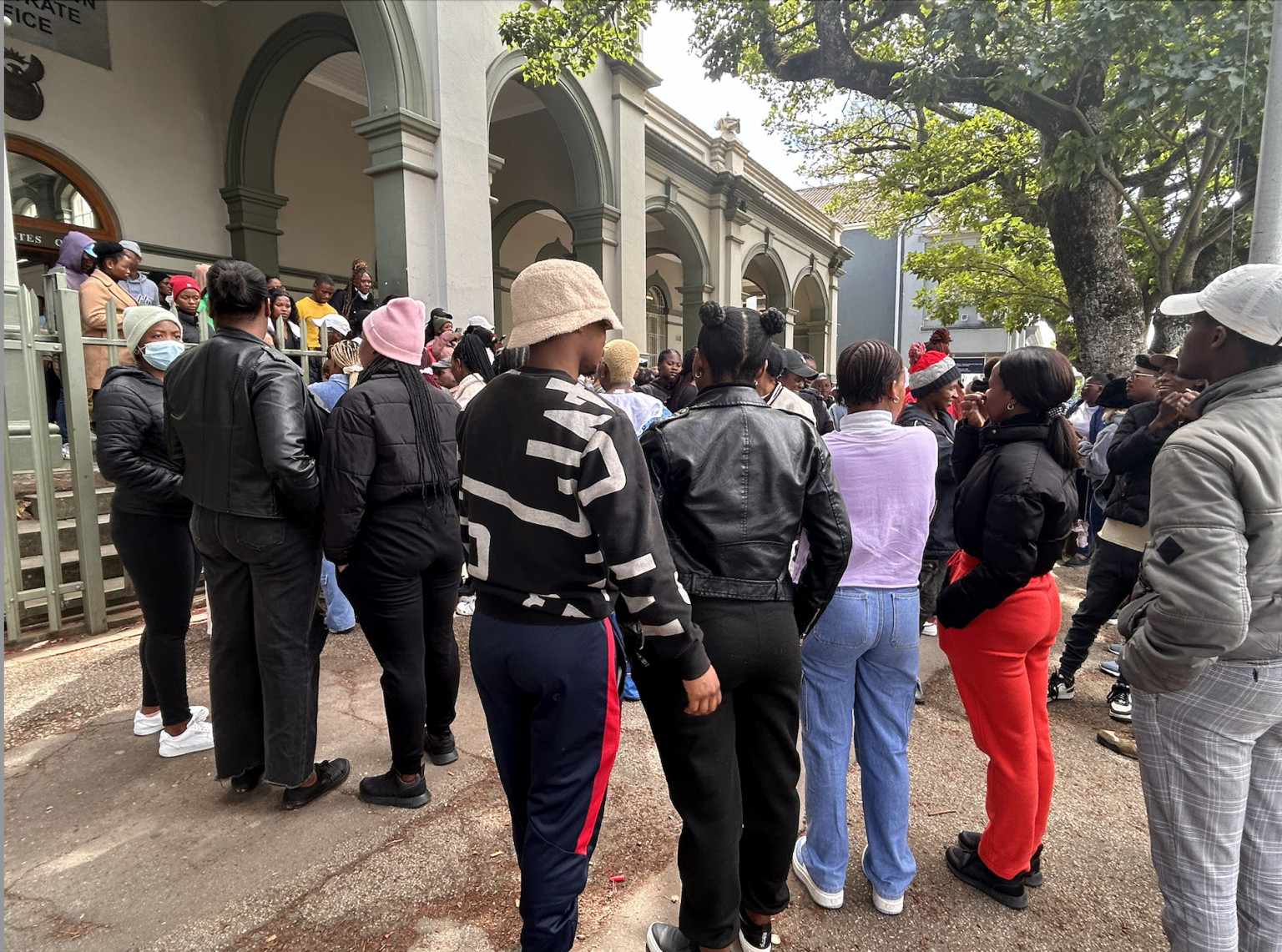 Eastcape Midlands College students outside the Makhanda Magistrate's Court on Monday, 26 February to support the arrested students. Photo: Linda Pona