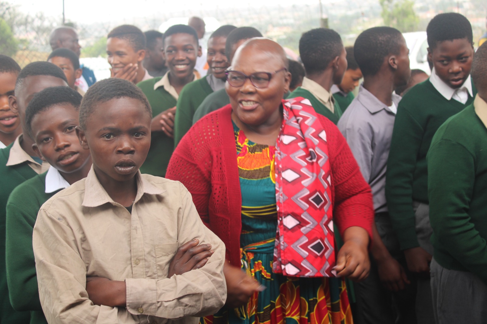 Eastern Cape Social Development MEC Bukiwe Fanta interacting with learners of Amasango Career School in Makhanda on Thursday. Photo by Luvuyo Mjekula