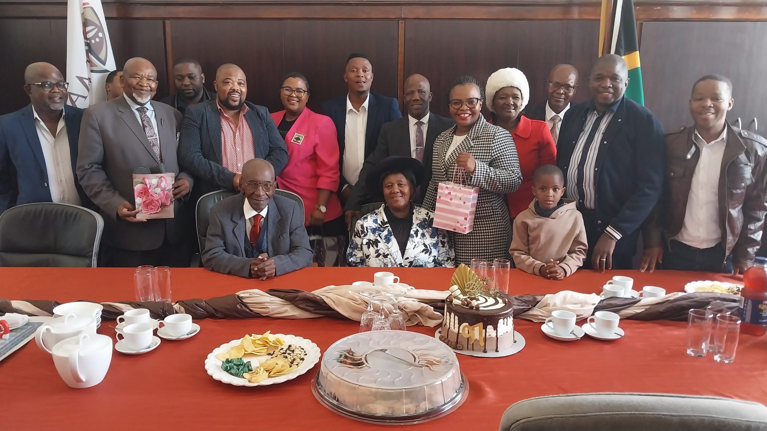 Makana Municipality councillors celebrated with Mntukanti July Sidina (seated, left), his family and Old Apostolic Church leaders, the senior citizen's 97th birthday at a special council meeting on Wednesday. Photo: Luvuyo Mjekula