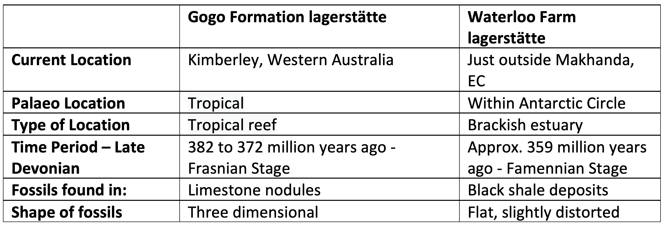 Table comparing the discoveries of fossils at the Gogo Formation in Western Australia and the Black Shale Deposits on Waterloo Farm just outside Makhanda