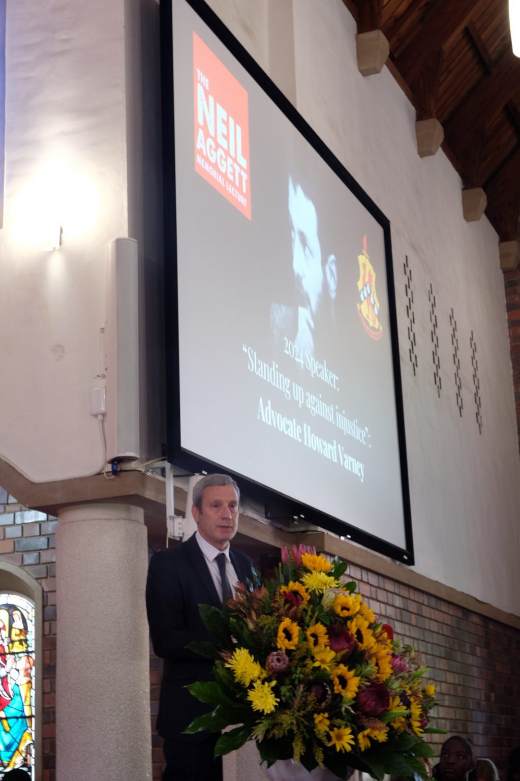 Advocate Howard Varney, guest speaker at the Neil Aggett memorial lecture at Kingswood College, speaking on standing up against injustice. Photo: Rod Amner