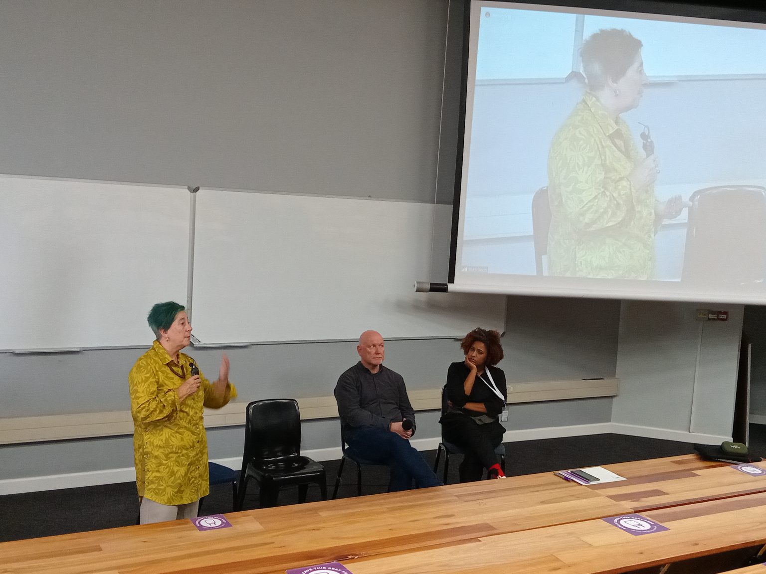 RU School of Journalism and Media Studies lecturer Anthea Garman (left) addressing audience members at the summit. Photo: supplied