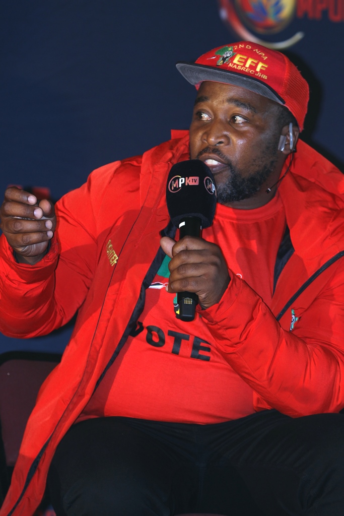 Siyabonga Bashe, EFF leader who lives in Ward 14 in Makana, discussing a point during the elections discussion broadcast on Mpuma Kapa community television station.