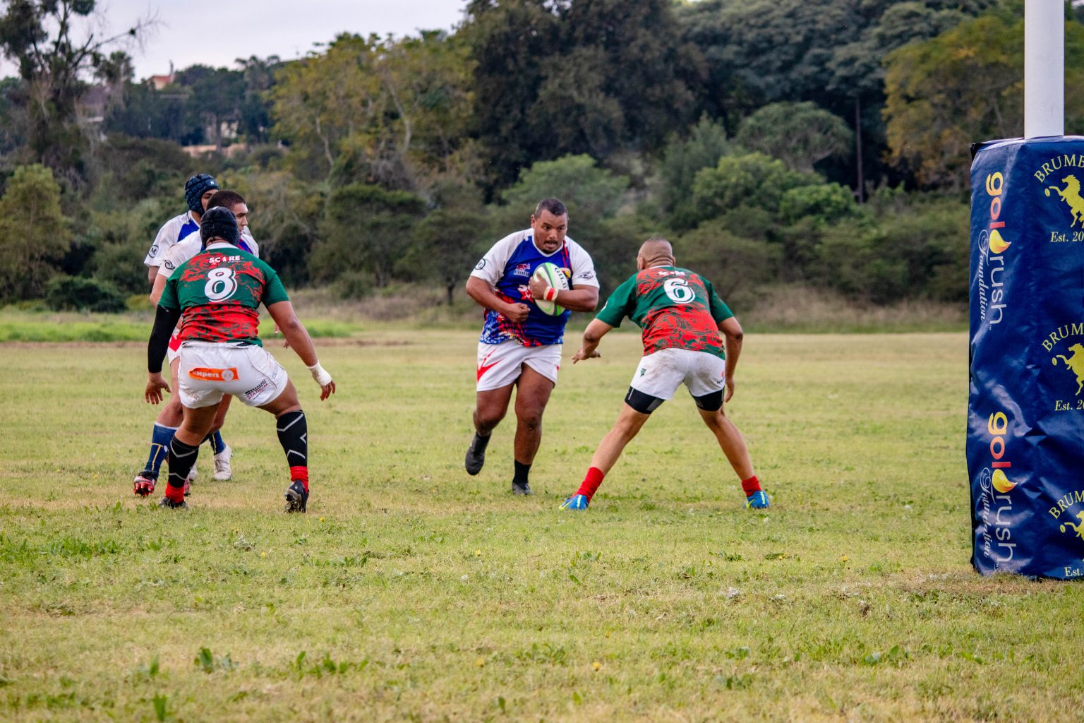 Brumbies' powerful prop forward Diego Isaacs executes one of his numerous bulldozing runs during their Epru Grand Challenge Top 12 clash against champs Gardens on Saturday at Albany. Photo: Devon Kivitts