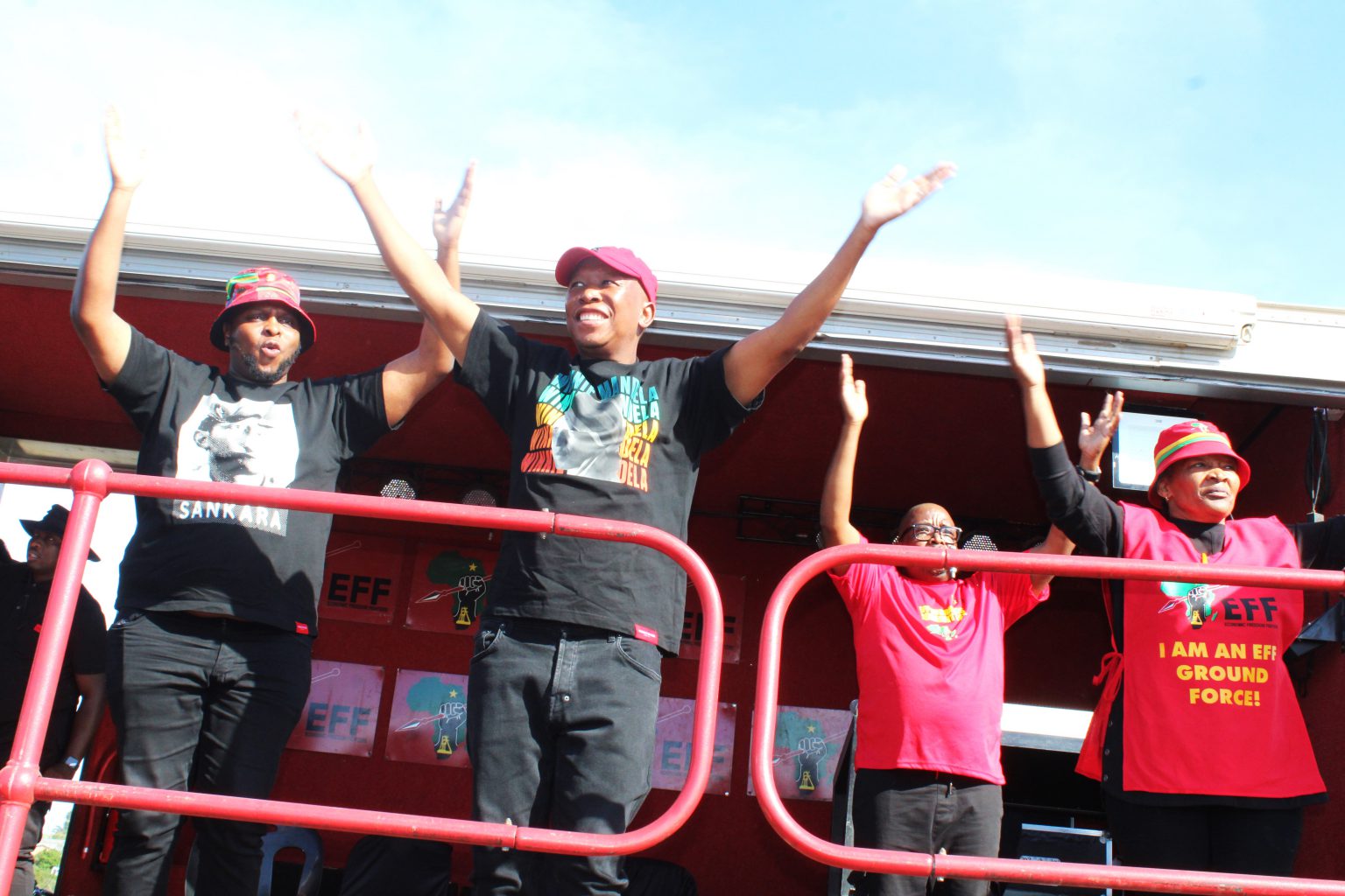 EFF president Julius Malema and his deputy Floyd Shivhambu arriving in Nemato, Port Alfred for a community meeting on Wednesday. Photo: Luvuyo Mjekula