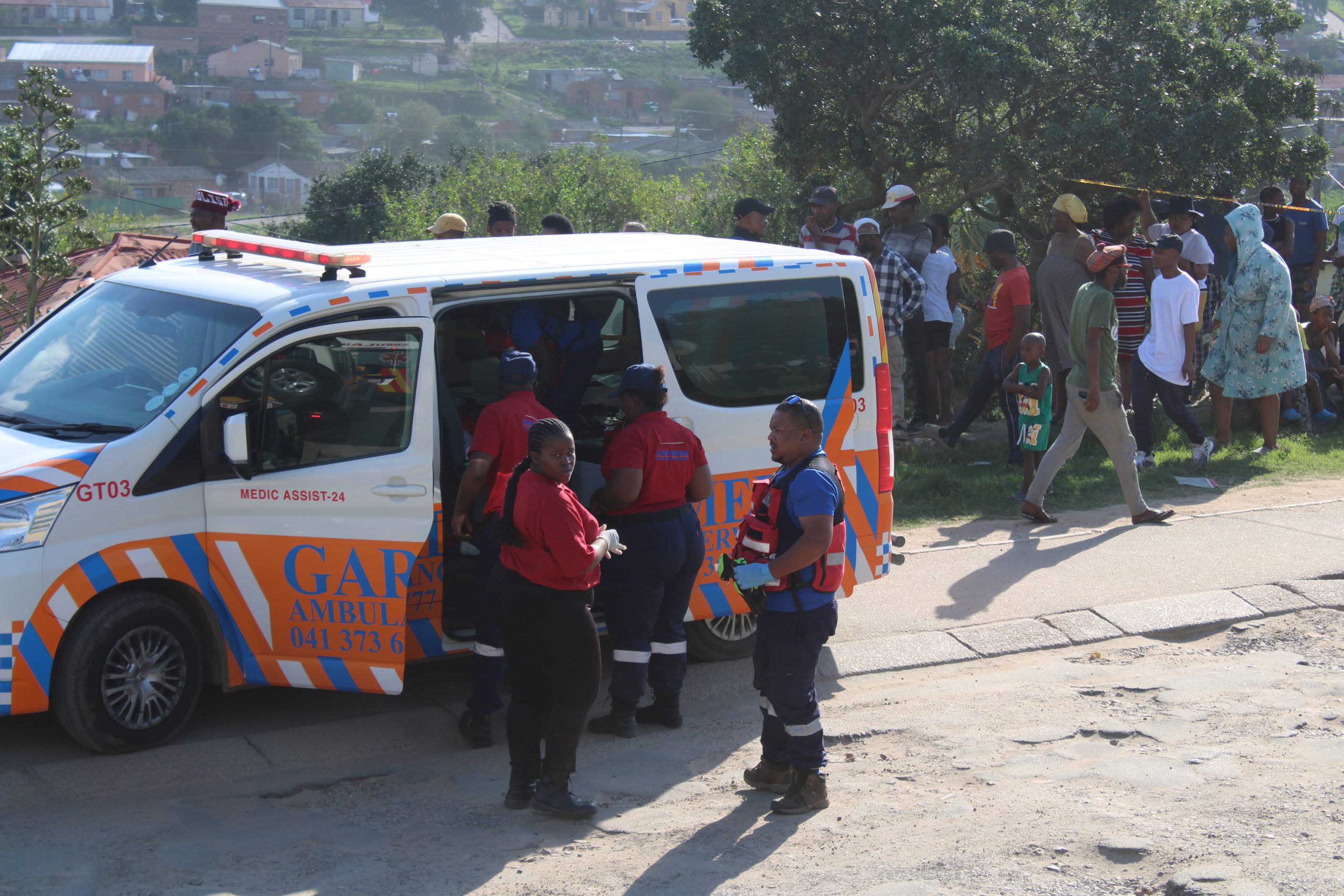 Paramedics pictured at the scene of a taxi accident that killed six people in Makhanda's "O" Street on Saturday afternoon. Photo: Luvuyo Mjekula