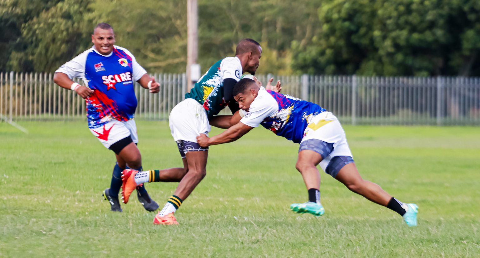 Centre Chadwill Jegels of Brumbies executing one of his colossal hits in the midfield at Rhodes Great Field on Saturday. Photo:  Devon Kivitts