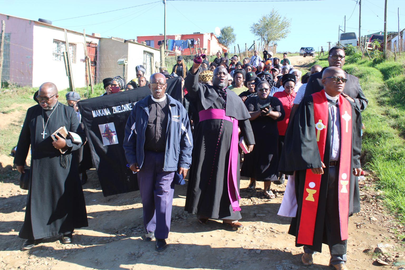 Leaders of the Makhanda Ministers Fraternal lead a march to the home of murdered Ntombomzi “Nomirana” Nonze in Vukani on Tuesday morning. Photo: Luvuyo Mjekula