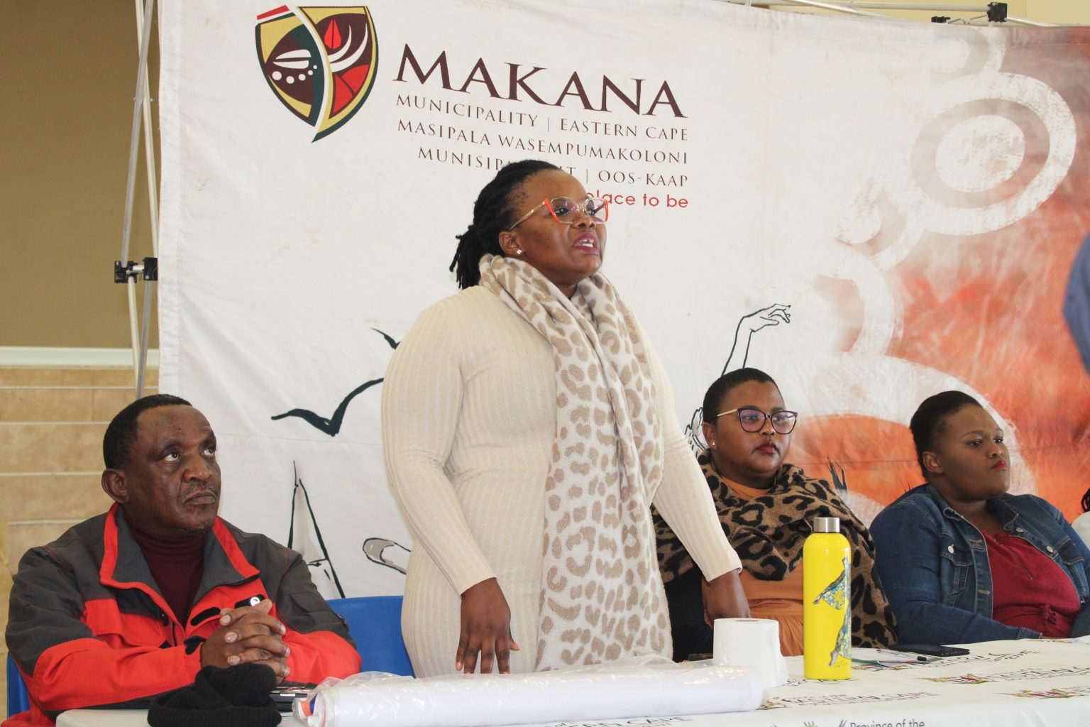 Makana mayor Yandiswa Vara (standing), addresses the youth during the Youth Month event held at the Extension 9 community hall this week. Photo: Anita Mvane