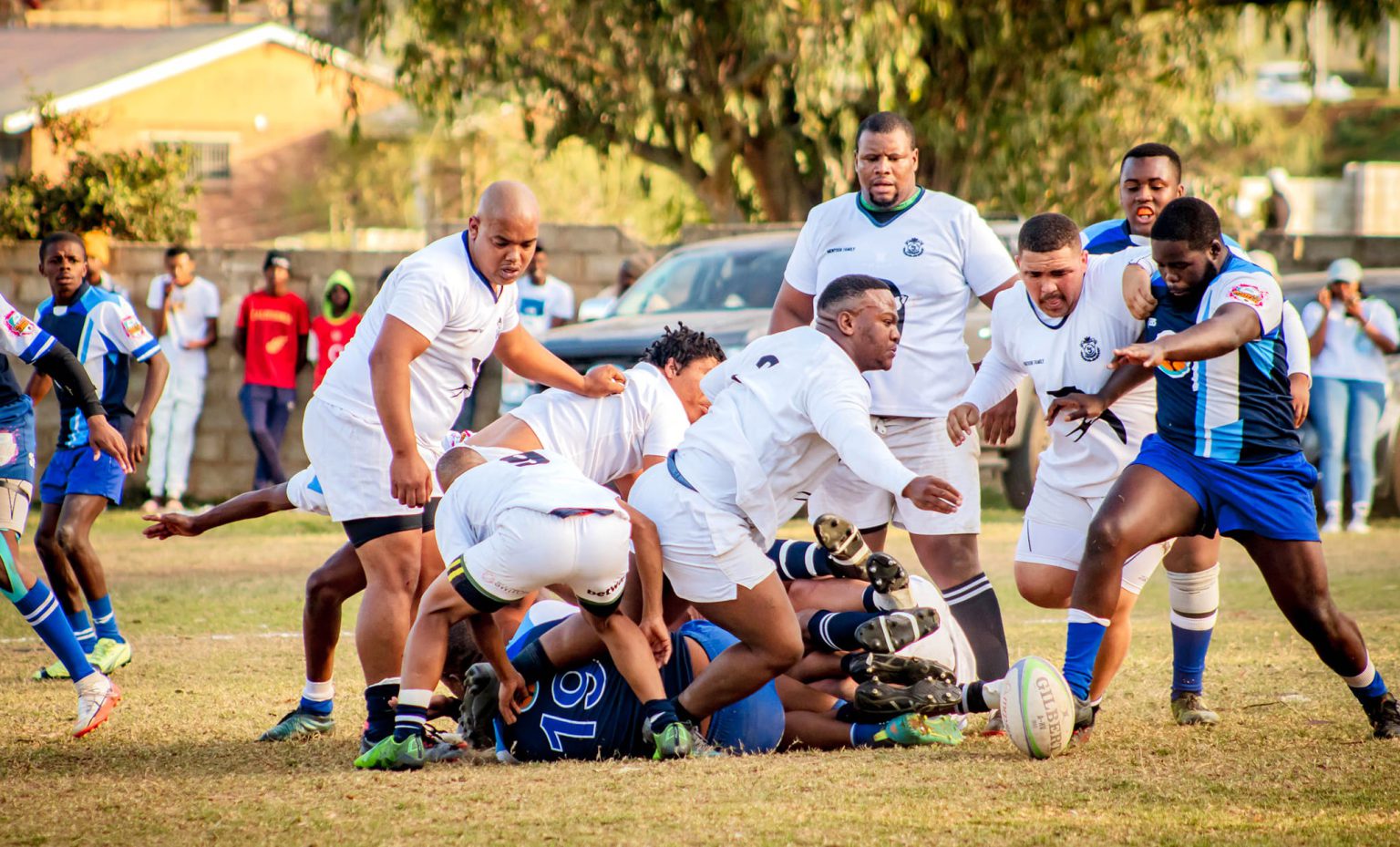 OC and Swallows' players competing for the ball in their Epru Adams Cup fixture played at the Lavender Valley Sports Ground on Saturday. OC won narrowly 25-20. Photo: Sanele Cintso Lukwe