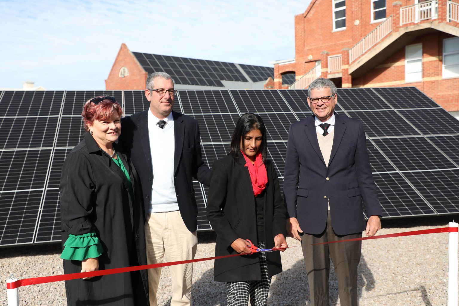 Kingswoood College launched its solar farm on Saturday. Pictured, from left, are former bursar Sone Griesel, College head Leon Grove, chair of Council Kesentri Govender and council member Geoff Kingwill. Photo: Jackie Clausen