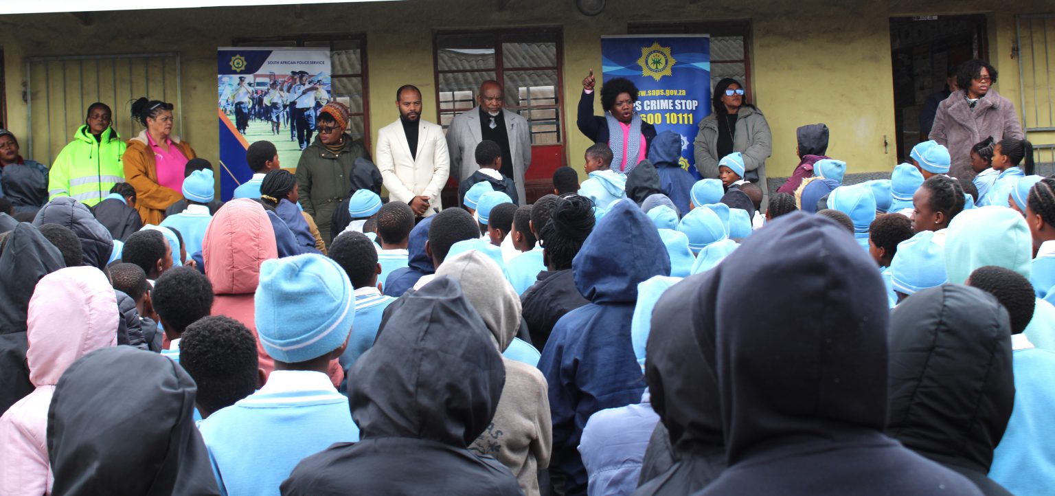 Joza police station commander, Colonel Nomsa Mtshagi, addresses pupils at Archie Mbolekwa Primary School during a programme to empower the pupils with knowledge and donations from Gift of the Givers. Photo: Owethu Nokhangela