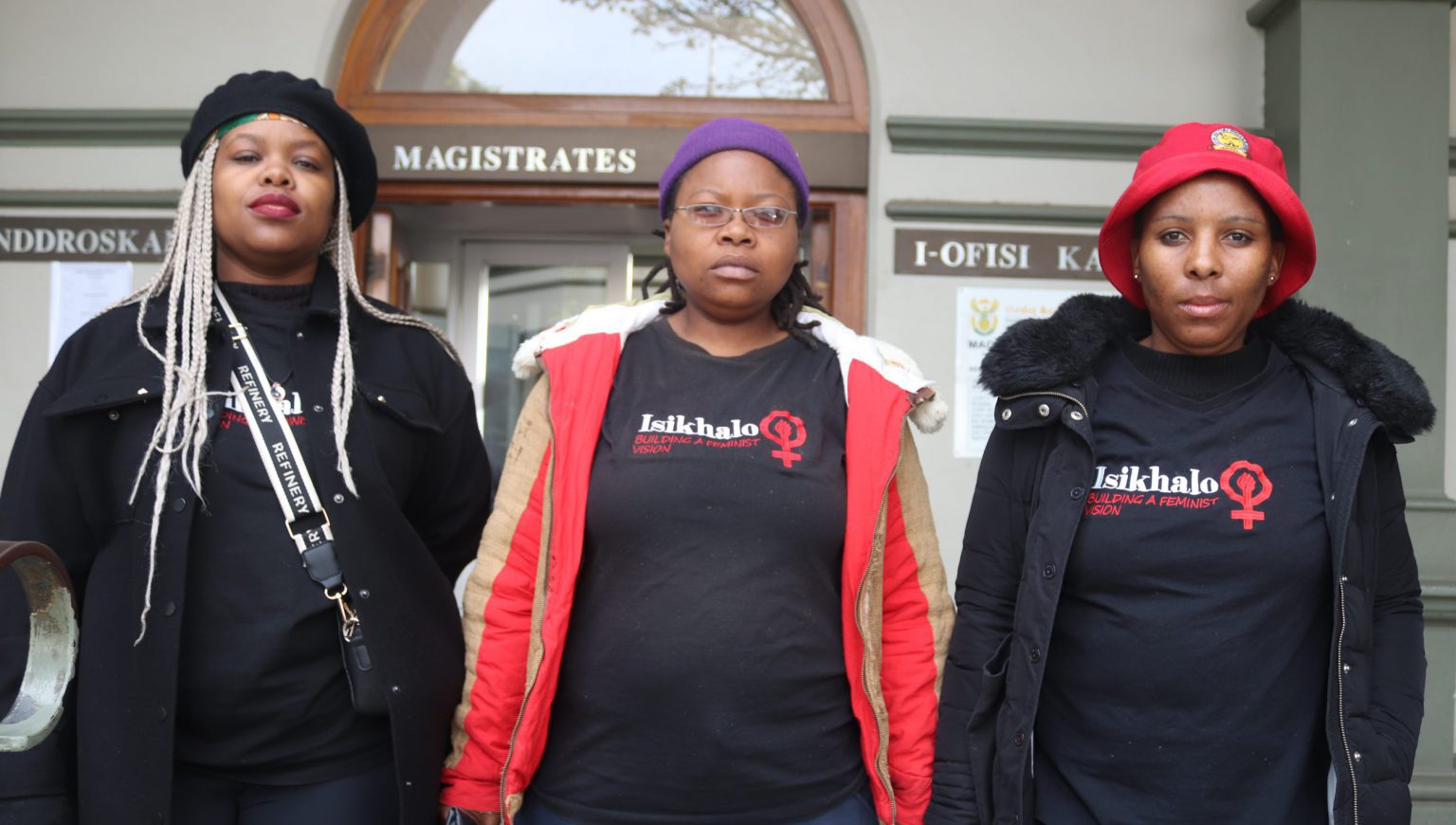 Members of Isikhalo, an anti-GBV organisation, outside the Makhanda Magistrate's Court on Thursday. Photo: Khanyisa Khenese