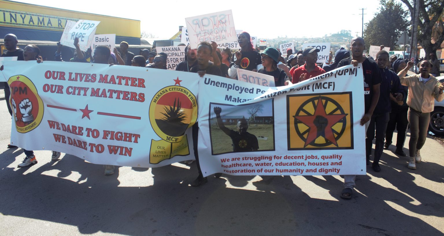 Members of the Unemployed People's Movement and Makana Citizens Front march to Makana Municipality to demand improved service delivery. Photo: Luvuyo Mjekula