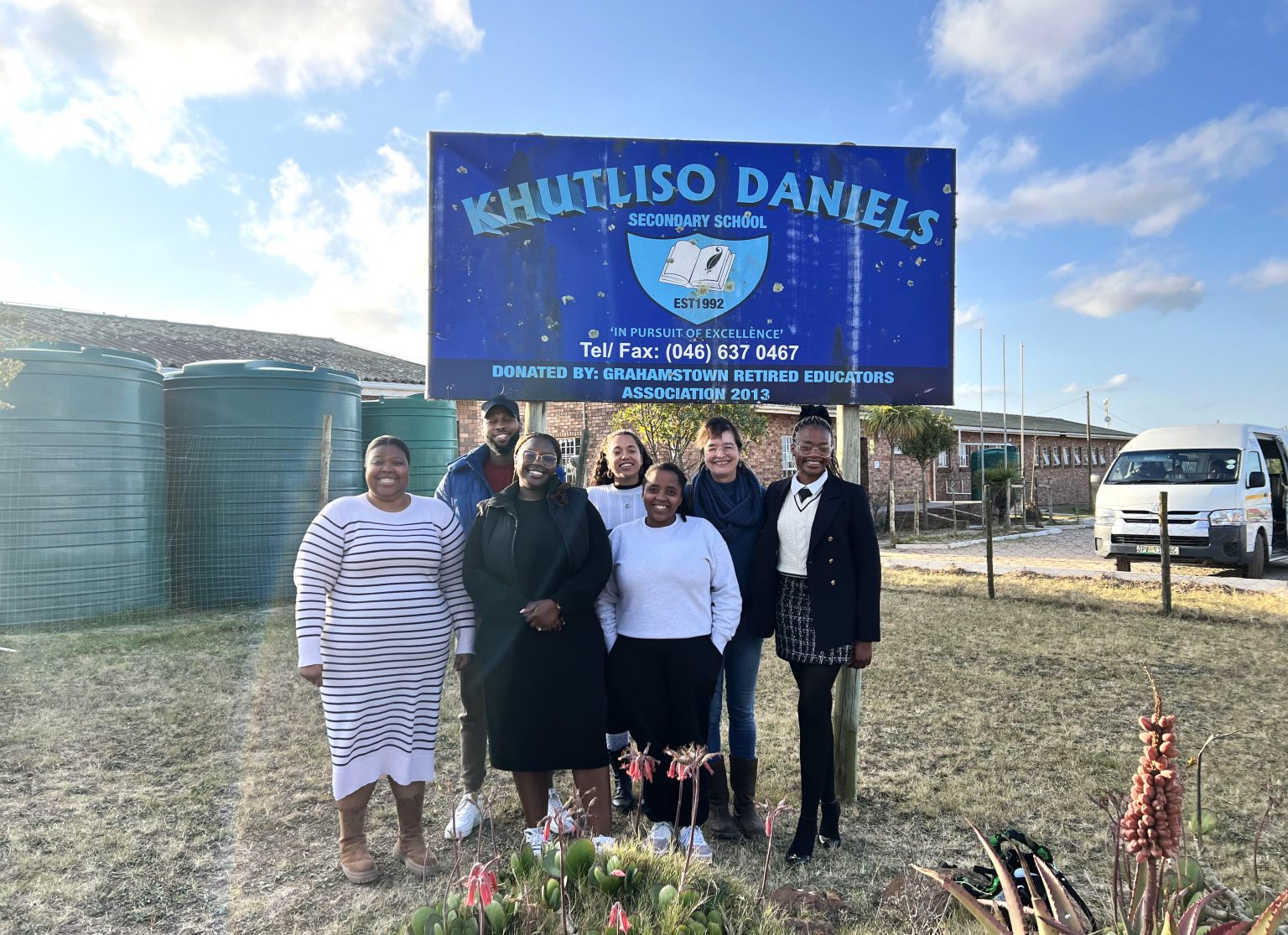 Some working group members gather outside Khutliso Daniels Secondary School after a productive LOSPAR meeting. In the back row, are Lungisa Ngesi, Samantha Carolus, Dr Nicola Jearey Graham and Yondela Kalipa. In the front row, are Lindokuhle Jawa, Karabelo Ramosala and Bevuya Banisi. Photo: Supplied