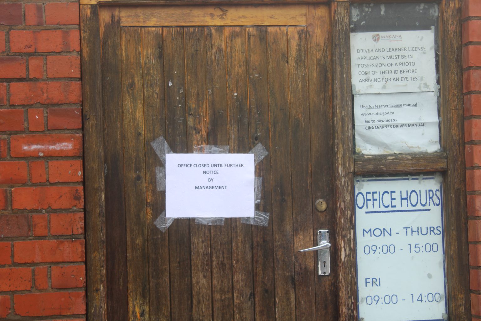 The notice of closure on the door of the traffic department in Knight Street after labour inspectors ordered its closure earlier this week. Photo: Luvuyo Mjekula