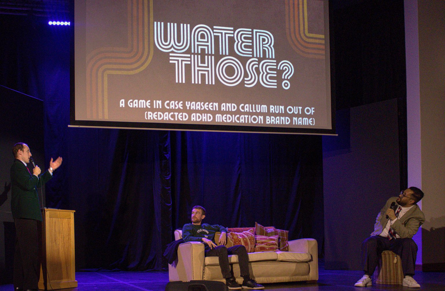 Better Late after all that laughter Callum Hitchcock, Yaseen Barnes, and Dan Corder during the Better Late comedy show. Photo: Aphiwe Xanti