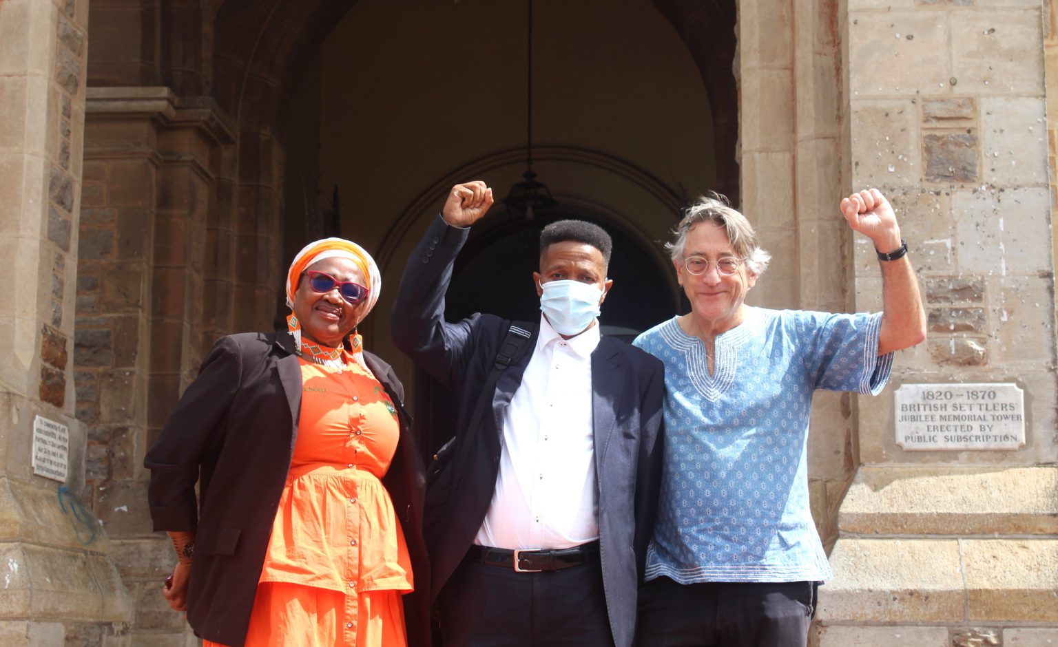 MCF lays criminal charges against Makana leadership Makana Citizens Front (MCF) leadership Khungeka Mashiane, Lungile Mxube and Philip Machanick outside the Makana City Hall. The party has laid fraud charges against the leadership of Makana Municipality. Photo: Luvuyo Mjekula