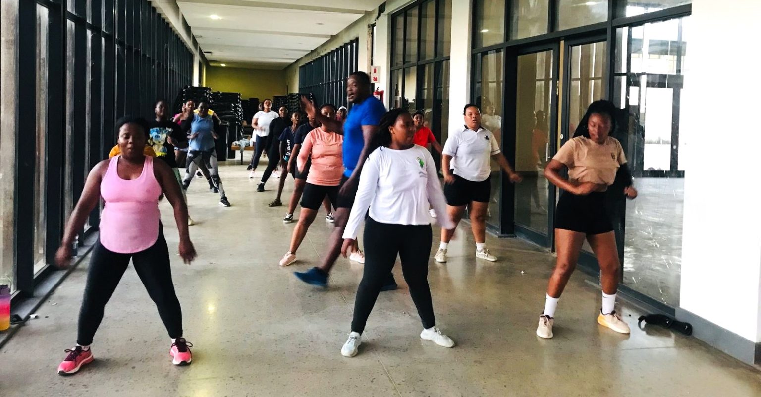 FitFusion Aerobics Club members hard at training at the Joza Indoor Sports Centre ahead of the first-ever aerobics marathon in Makhanda this Saturday. Photo: Chris Totobela