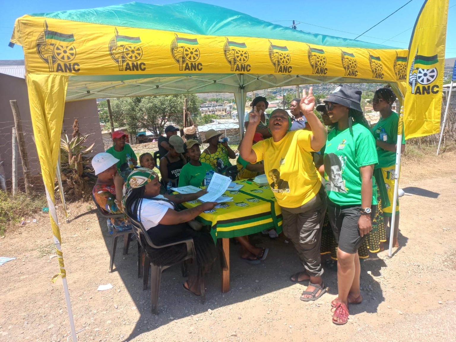 ANC members outside the Apostolic Faith Mission Church voting station on Wednesday. The party's candidate for the Ward 10 by-election, Andile Mbeju, was victorious with nearly 50%. Photo: Luvuyo Mjekula